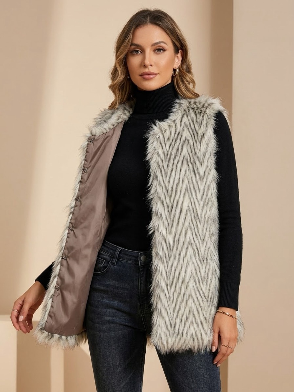 Say What? Cream and Gray Faux Fur Chevron Vest